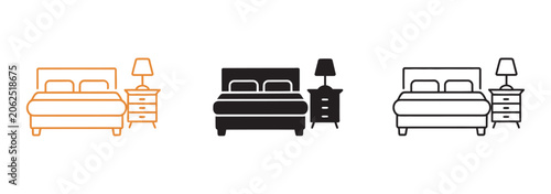 Photos Bedroom icons set, modern bed and lamp on nightstand in black white orange color