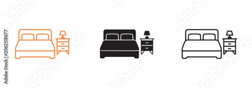 Quadro su tela Bedroom icons set, modern bed and lamp on nightstand in black white orange color
