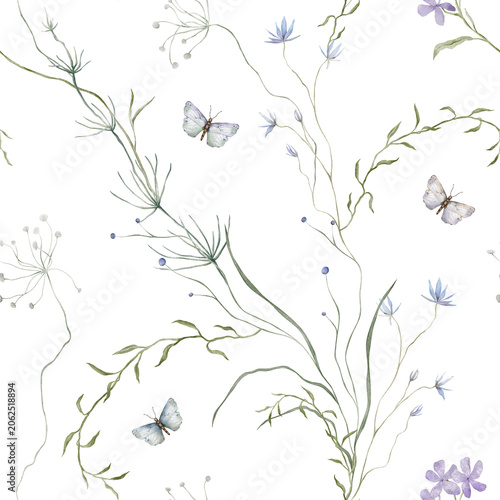 Romantic floral seamless pattern with butterflies. Hand drawn watercolor illustration flowers - cornflower, phlox. Repeat ornament delicate blue and violet wildflowers and herbs.