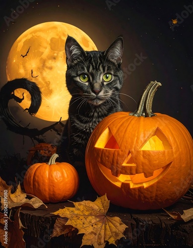 A curious cat sits behind a carved pumpkin on a tree stump