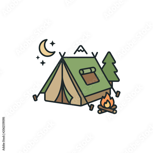 A simple illustration of a tent at a night campsite