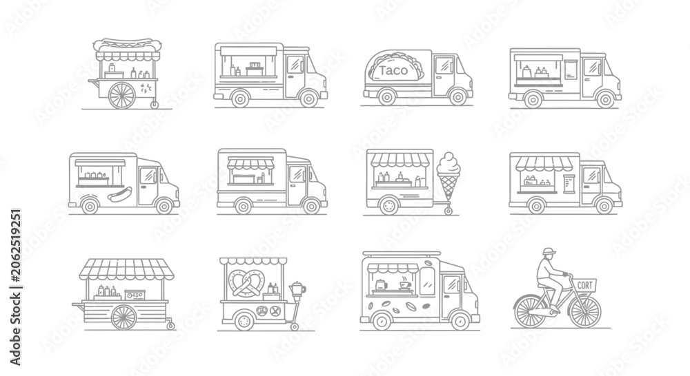Fototapeta premium Food Truck Collection: Street Food Stalls & Mobile Kitchens - Vector Icons