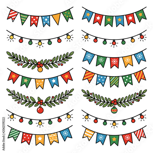 A collection of colorful festive holiday bunting and light strings