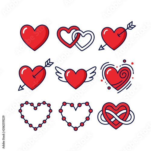 A collection of various red heart icons for romantic designs