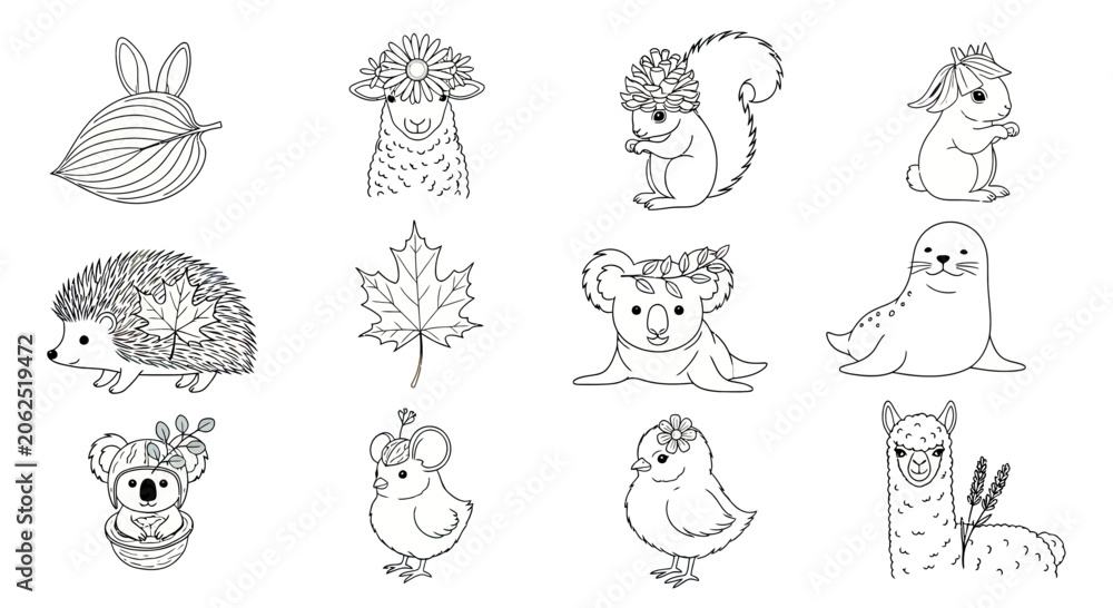 Fototapeta premium Adorable Woodland Animal and Nature Line Drawings