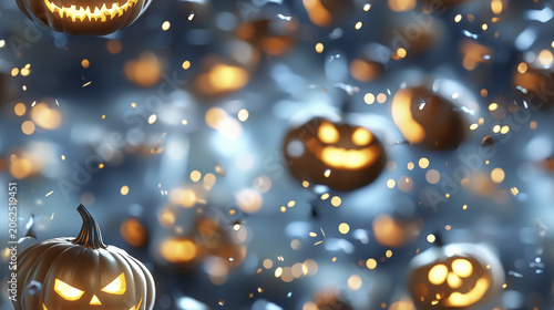 Fiery pumpkins glow in festive Halloween atmosphere, surrounded by sparkling lights and mysterious ambiance