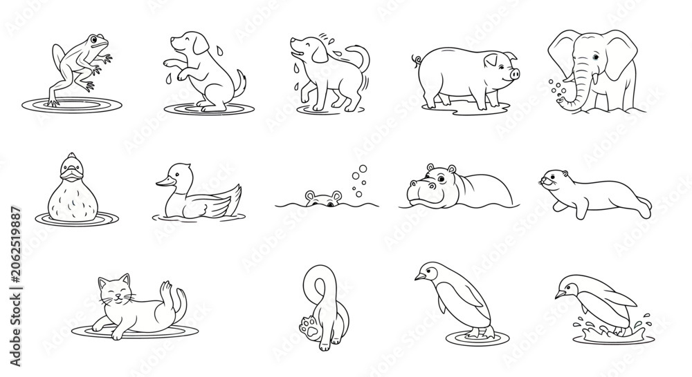 Fototapeta premium Cartoon animals swimming and bathing in water scenes.