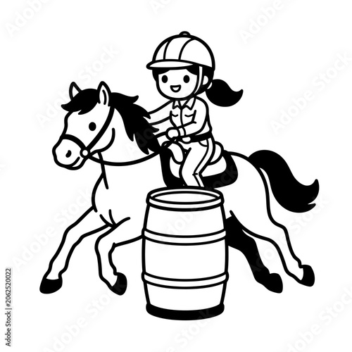 A cute cartoon girl rides her horse around a barrel