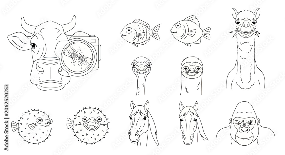 Fototapeta premium Detailed animal and sea life head outline portraits.