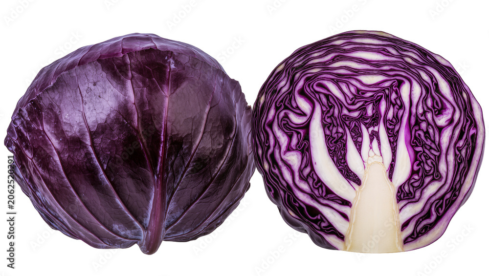 Fototapeta premium Red cabbage whole and halved showing interior texture