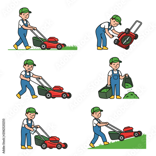 A cartoon gardener performs various lawn mowing tasks