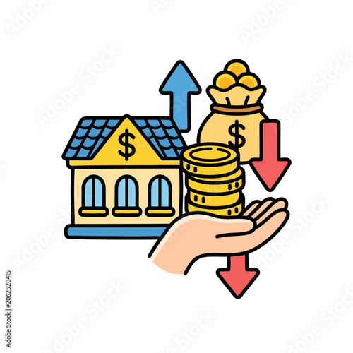 A hand holding coins with bank and financial market icons