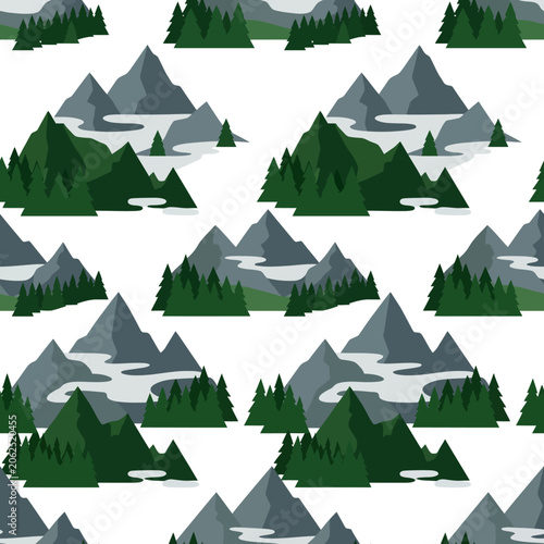 A seamless pattern featuring stylized mountains and evergreen trees