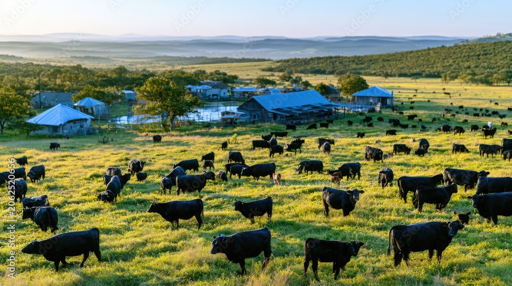 Obraz premium Black Angus Cattle Grazing Across Green Pasture Near Rural Farmstead