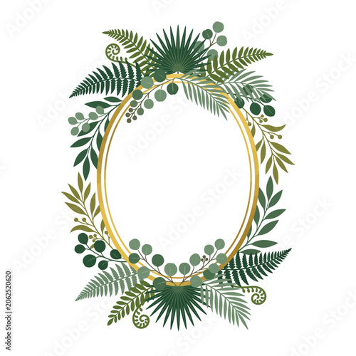Golden oval frame decorated with lush green tropical leaves