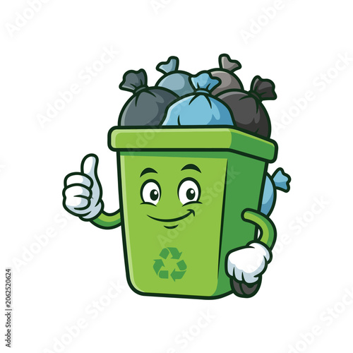 Happy green recycling bin character giving a thumbs up