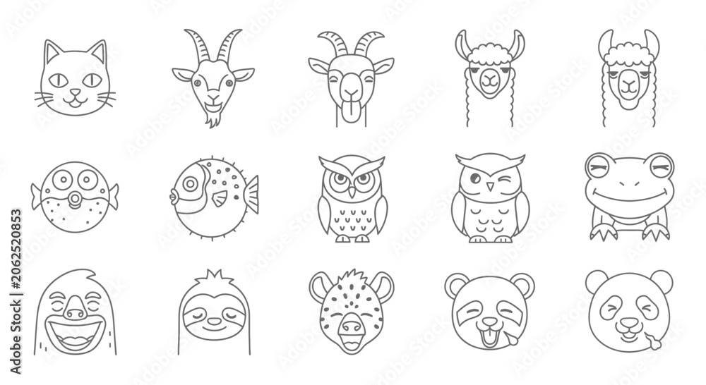 Fototapeta premium Minimalist animal face portraits in line art style.