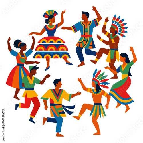 Diverse people in colorful traditional costumes dance together