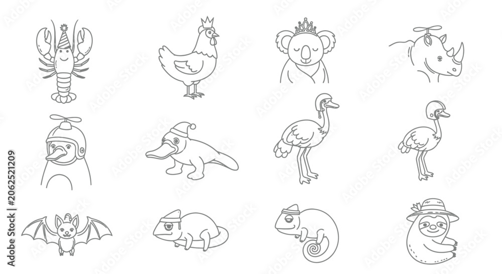 Fototapeta premium Quirky animals in costumes and accessories line art