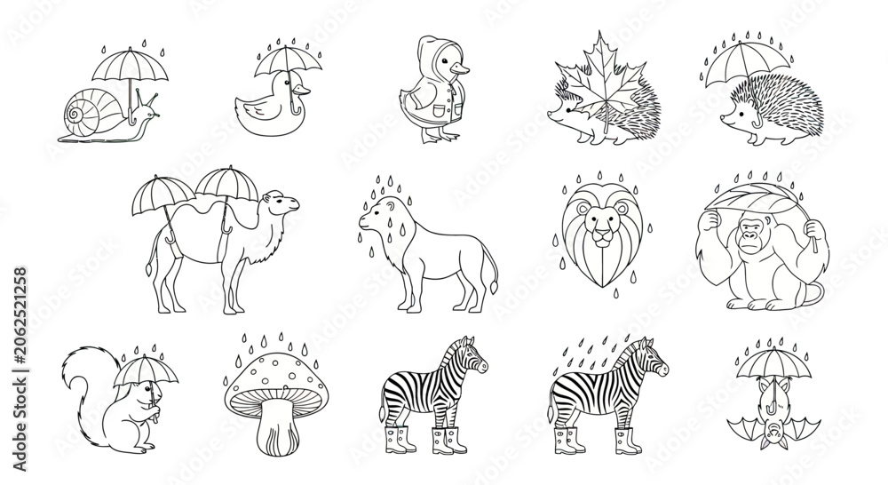 Obraz premium Rainy day animals with umbrellas line art