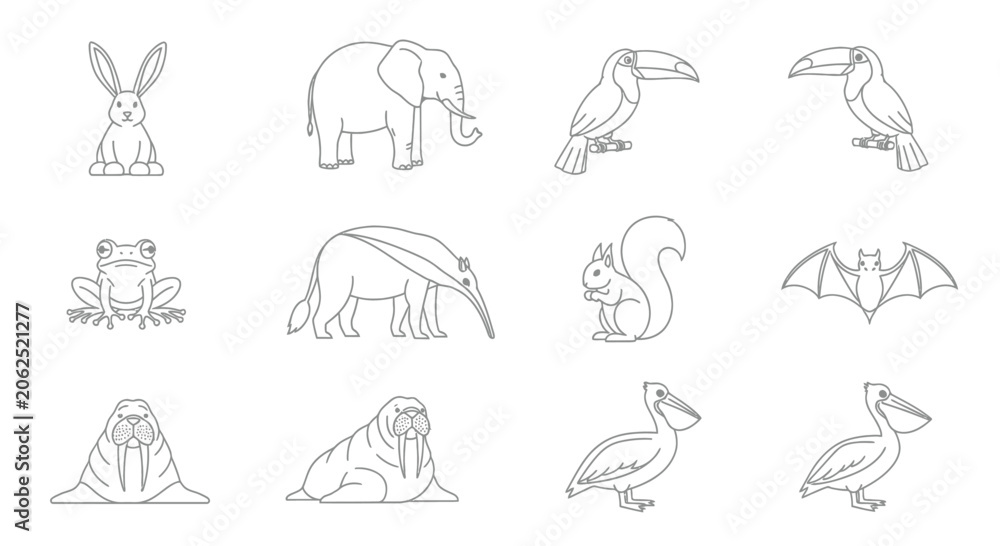 Fototapeta premium Set of animal silhouette outline illustrations.