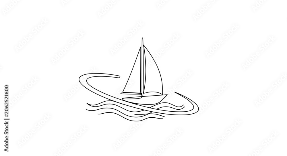 Fototapeta premium Minimalist sailboat line art on wavy water, simple nautical theme
