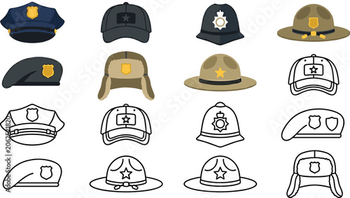 Fotografie Police Hat and Law Enforcement Cap Icon Set with Sheriff Helmets, Military Beret