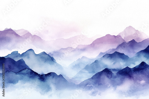 Gentle watercolor flow with dark blue mountains and soft purple hues creates serene landscape