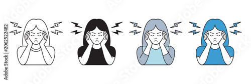 Slika na platnu Woman with headache and stress icon set, migraine symptoms, anxiety disorder and
