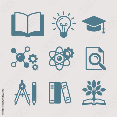 A collection of blue education and science icons