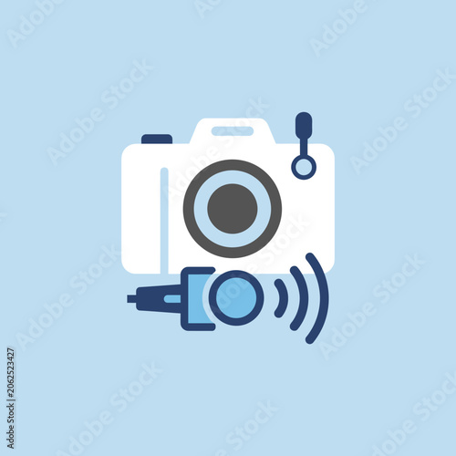 A flat vector icon of a digital camera with a microphone
