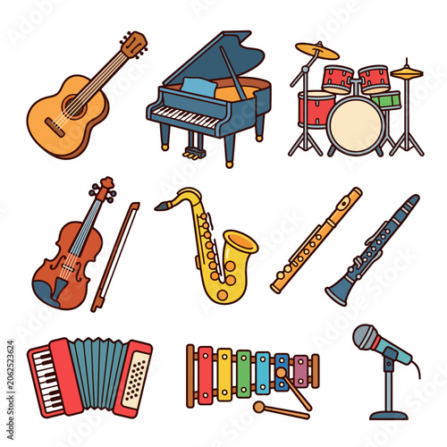Cute cartoon musical instruments set on a white background