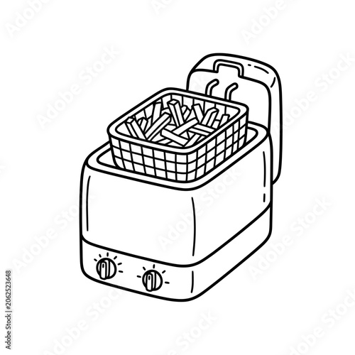 A line drawing of a deep fryer with potato fries inside