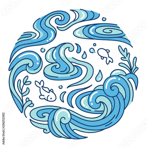 A circular illustration of blue ocean waves and small fish