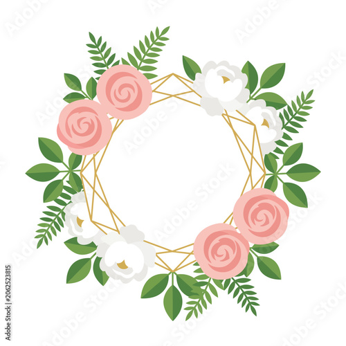 A geometric gold frame decorated with pink and white roses