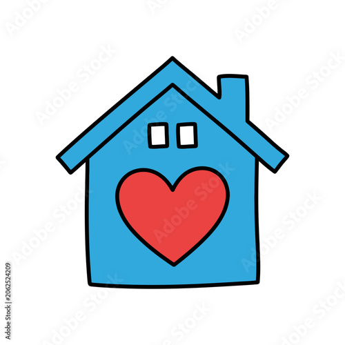 A simple blue house illustration with a red heart symbol