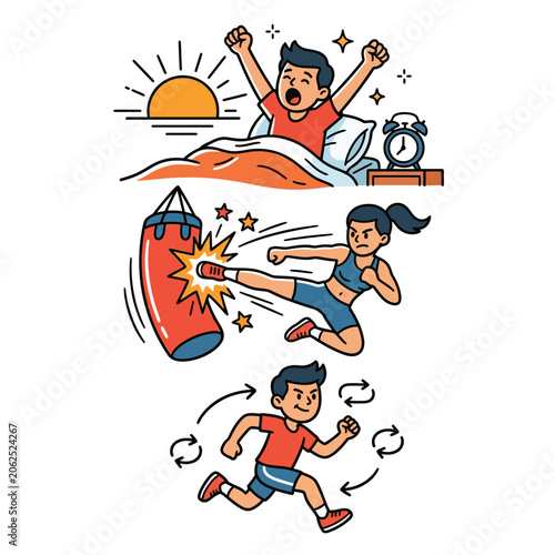 A set of illustrations showing daily healthy fitness routines