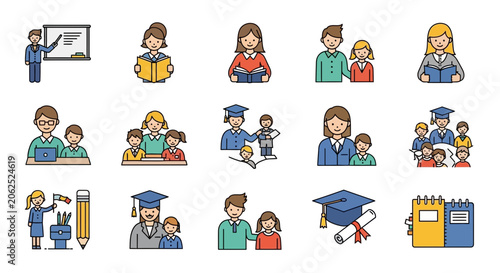 Education Icon Set: Teachers, Students, Learning, Graduation, School Symbols