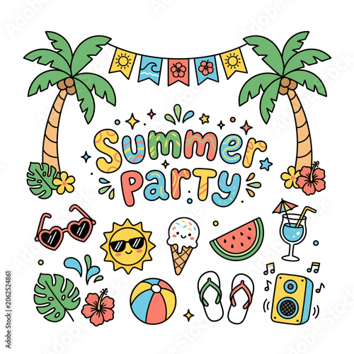 Cute summer party doodle elements set on a white background