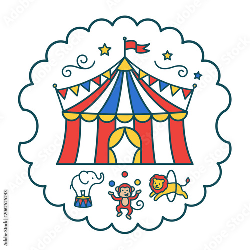 Cute cartoon circus tent with juggling monkey and animals
