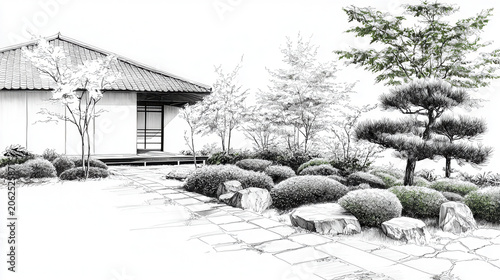 Serene line art depiction of Japanese tea garden featuring traditional house, lush greenery, and carefully arranged stones