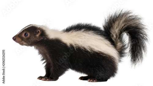 Foto Striped skunk with bushy tail profile view