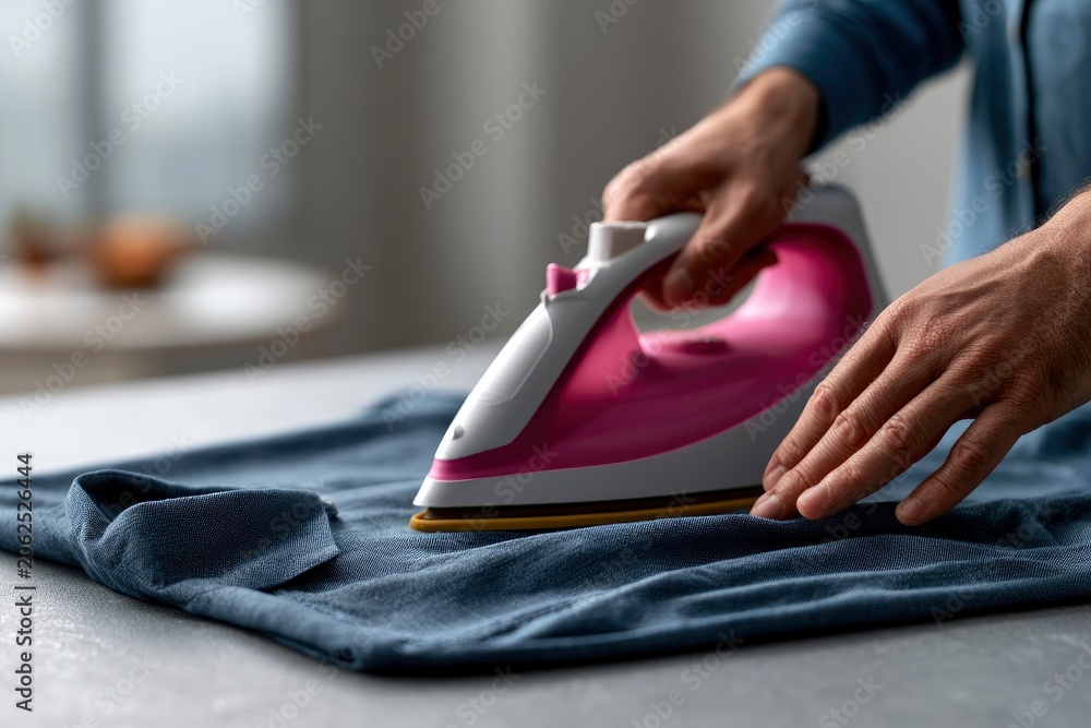Fototapeta premium Electric steam iron pressing blue fabric in sharp focus macro shot for home appliance marketing