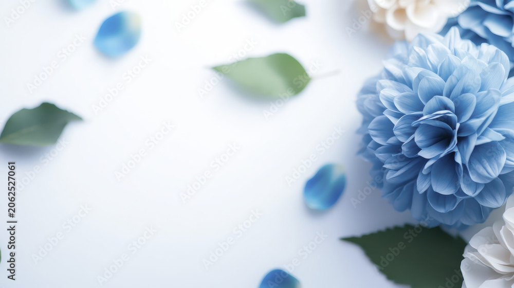 Obraz premium Beautiful blue flowers and green leaves create serene and elegant composition light background, evoking tranquility