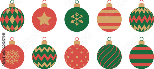 Fotografie Christmas, ornament baubles vector set, ten decorative holiday ornaments in red green and gold with festive patterns for seasonal celebrations and branding