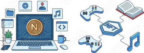 NFT Gaming and Cryptocurrency Vector Illustration Set Featuring Laptop Computer, Digital Token, Game Controllers, Blockchain Network, and Multimedia Web3 Concept Icons