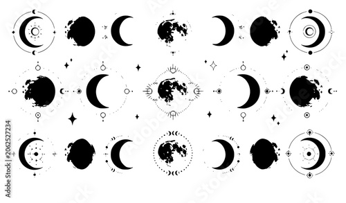 Bild auf Leinwand Celestial phases collection moon cycle illustrations with botanical and mystical
