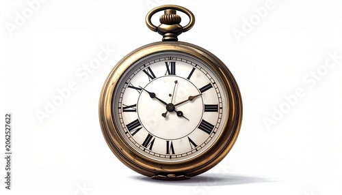 A beautiful vintage golden pocket watch with roman numerals displayed against a clean white background for conceptual time related photography.