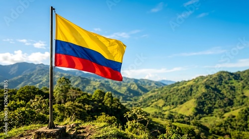Colombian national flag waving on metal pole against green lush mountain landscape under clear blue sky