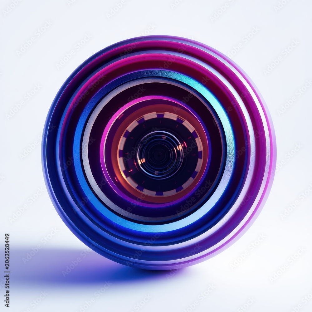 Fototapeta premium Abstract concentric circles, vibrant colors, futuristic design. Metallic texture, smooth gradients, central focus point. Minimalist composition, digital rendering.
